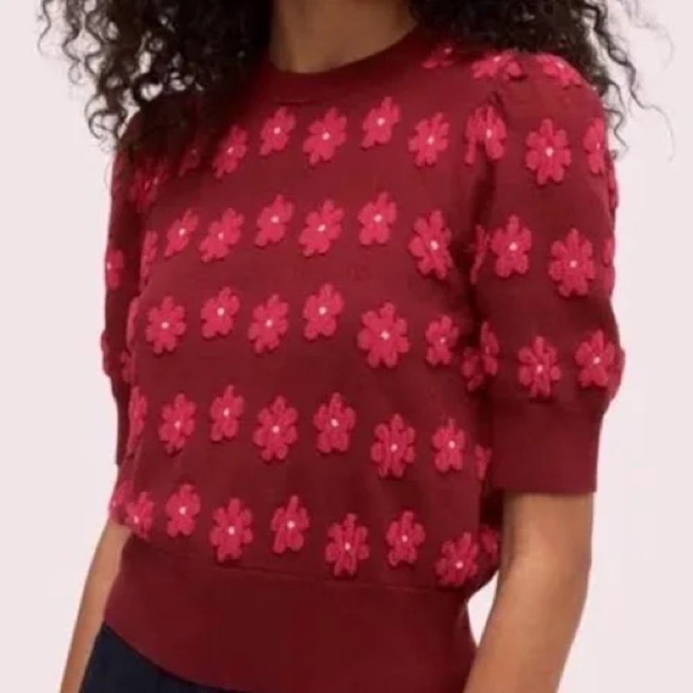 NWOT kate spade Short-Sleeve Floral Knit Sweater in Berry and Hot Pink